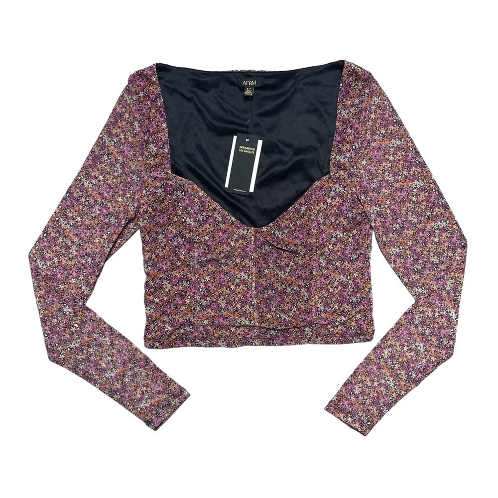 Afrm Mesh Lined Long Sleeve Micro Floral Print Blouse S